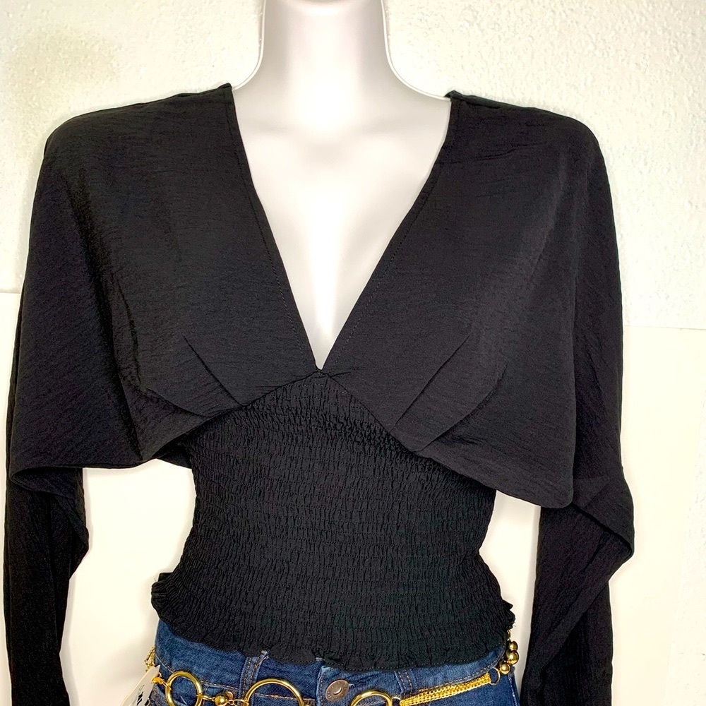 NEW LONG DOLMAN, SLEEVE WOVEN PLUNGE NECKLINE TOP WITH SMOCKED WAISTBAND